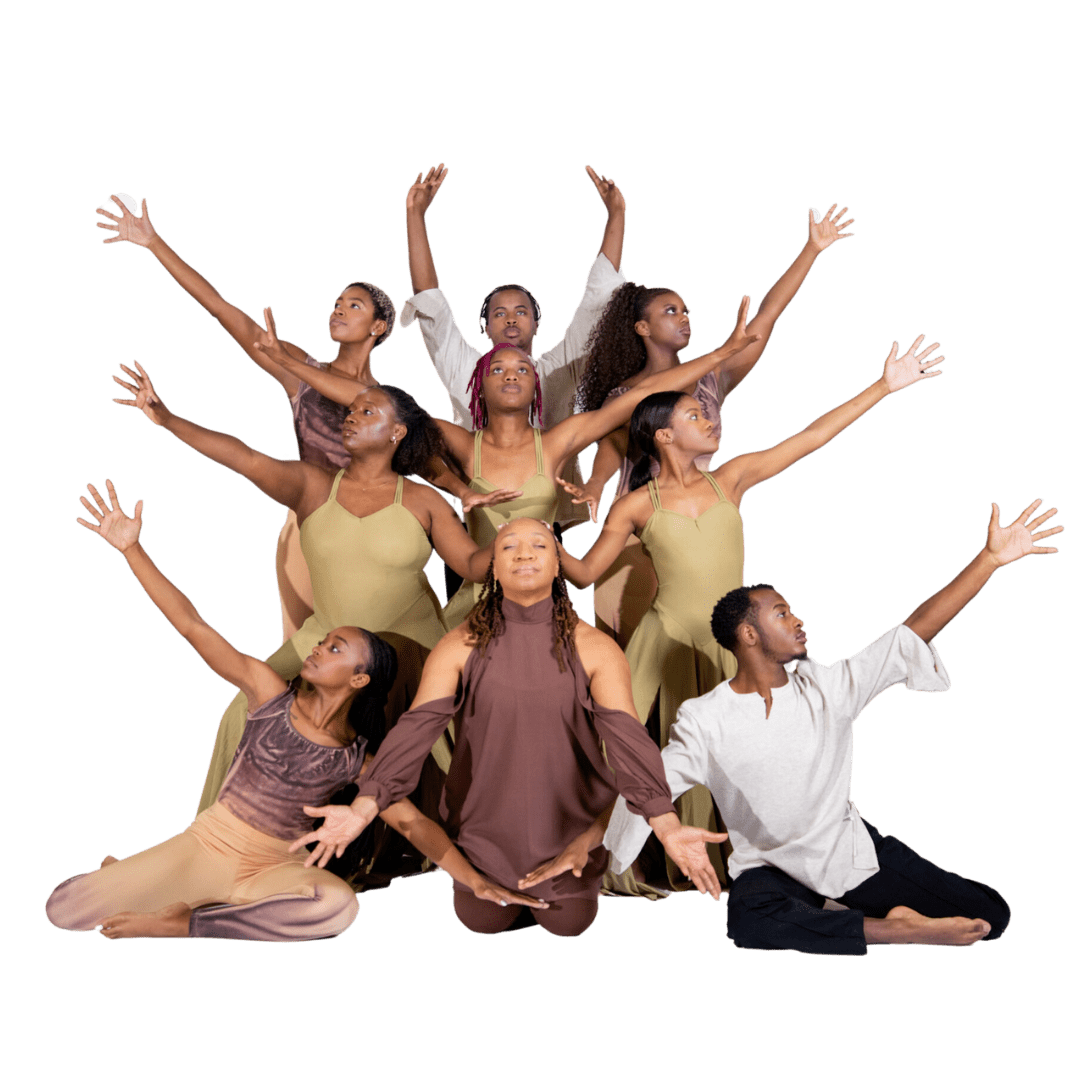 A group of dancers wearing brown, olive and white outfits performing together in a dynamic and energetic display